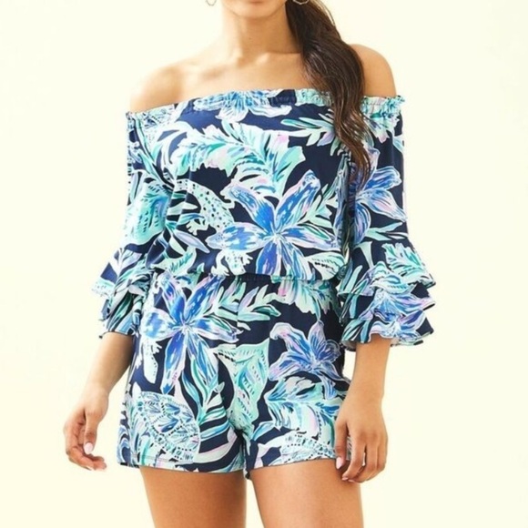 Lilly Pulitzer Blue Teal Calla Off The Shoulder Romper - Picture 14 of 14